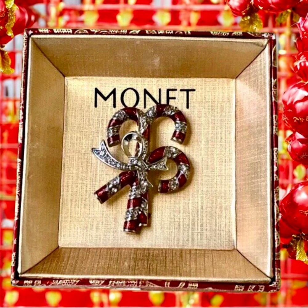 Monet Candy Canes Christmas Brooch Pin Red Enamel & Rhinestones vintage New